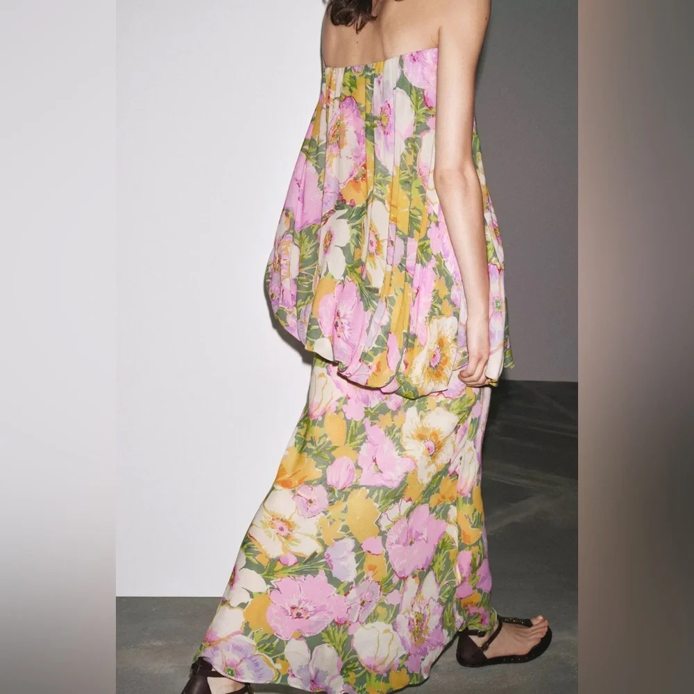 Zara Floral Strapless Maxi Dress Wedding summer evening bodycon - Picture 12 of 16